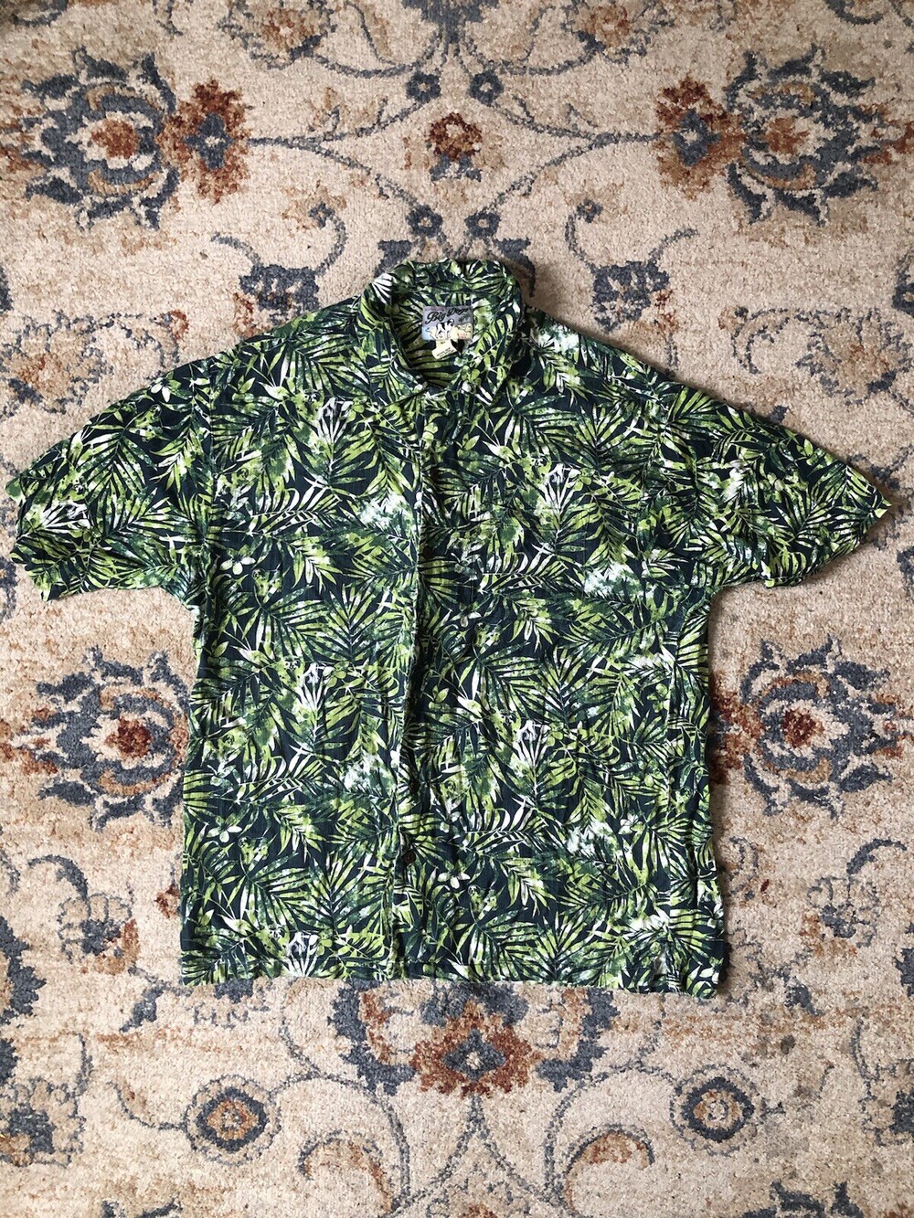Big Dogs Shirt Men Large Green Hawaiian Button Up Short Sleeve Pocket Rayon
